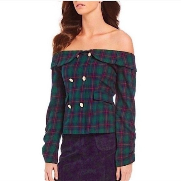 SugarLips Off Shoulder Plaid Academia Tartan Long Sleeve Top - Picture 1 of 8